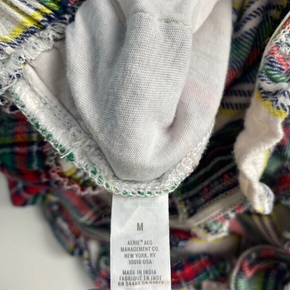 Aerie Romper Womens Medium Multicolor Green Red Flannel Plaid Ruffle Strap - Picture 11 of 11